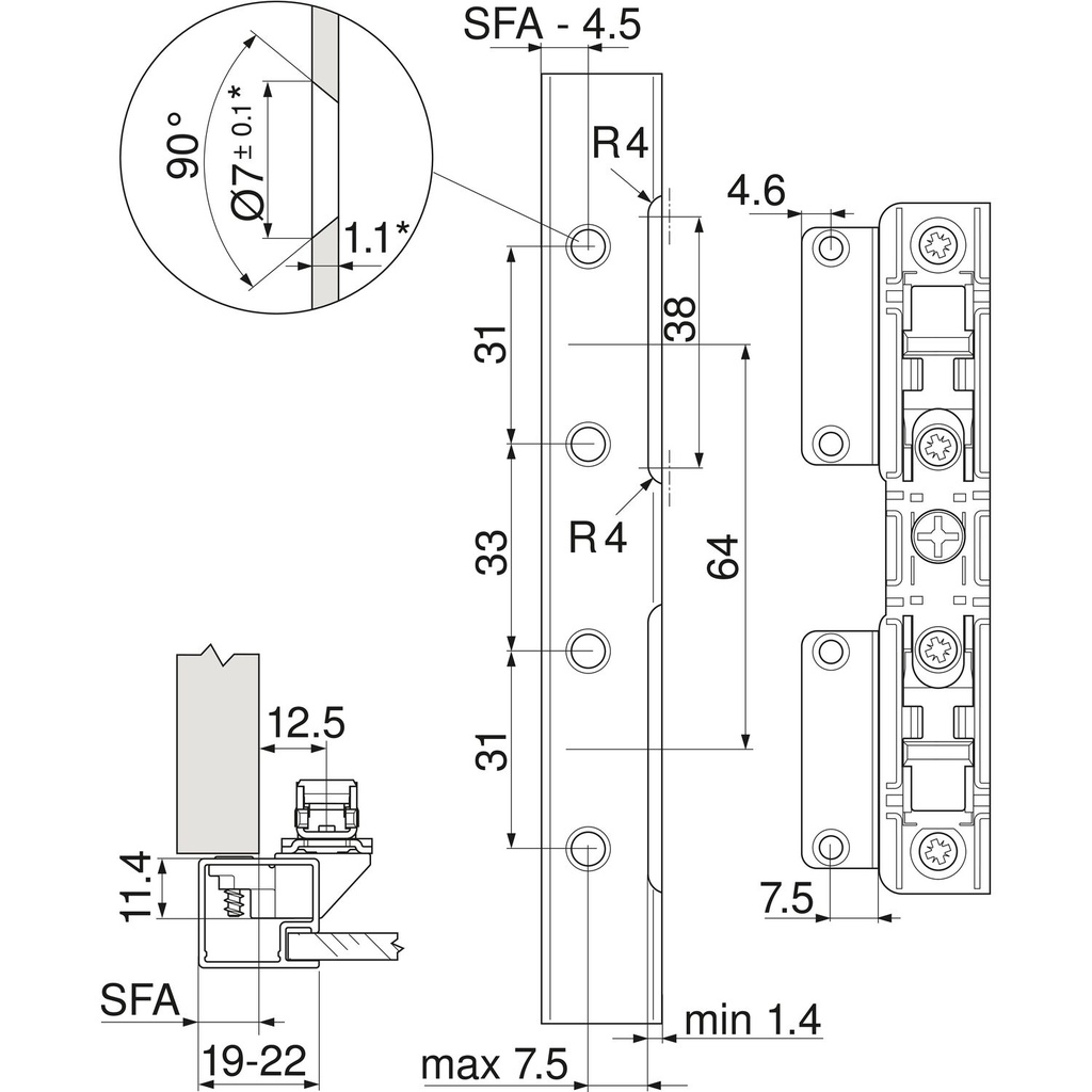 BLUM AVENTOS HS/HL/HK-Top súprava upevnenia čela pre úzke hliníkové rámy /20S4200A/, pár 