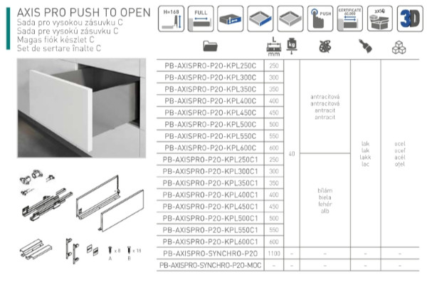 02.07 AXISPRO Push to open 350 C / H168mm/ Biela, 1set