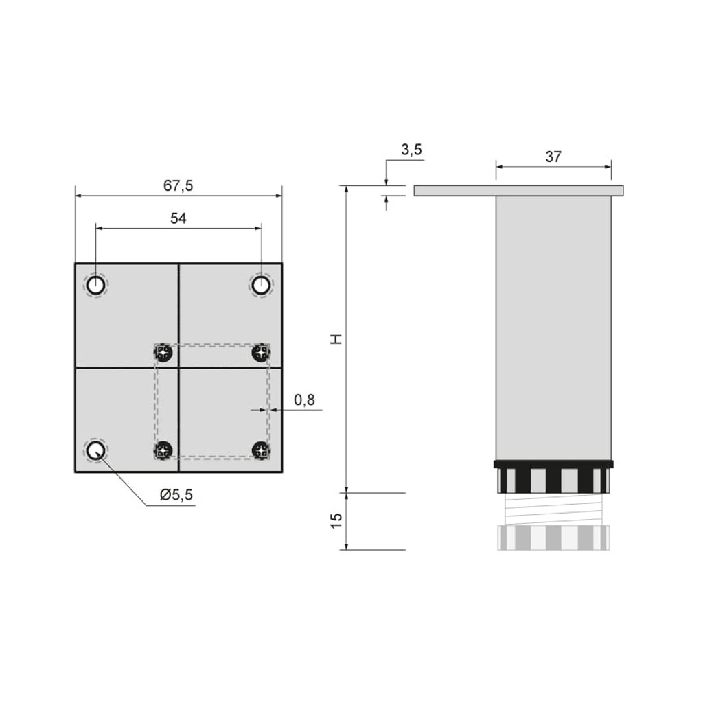 AL nožička hranatá nastaviteľná- 37x37 s platničkou 