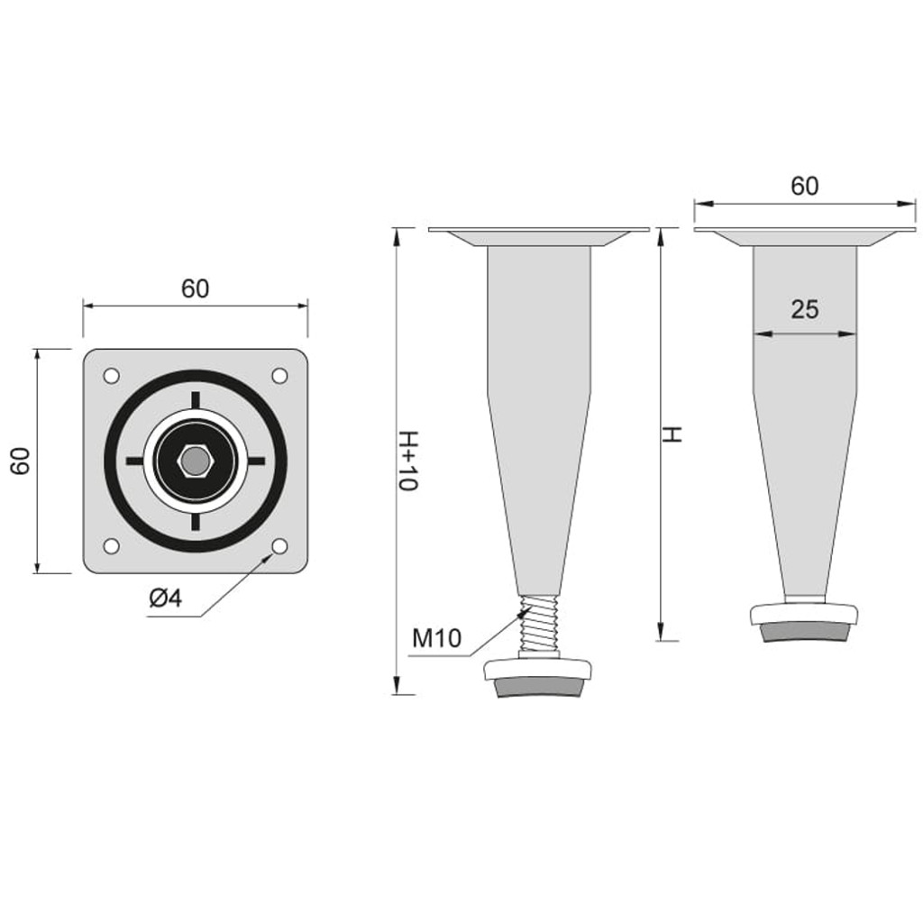 Kovová nožička konická /Ø30mm/ - V100mm - nastaviťelná