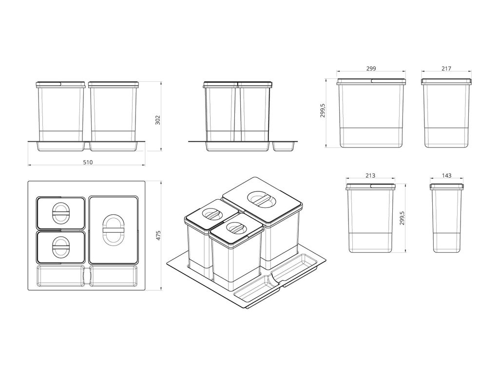 Smetný kôš Do zásuvky 60´ -  1x15L+2x7L