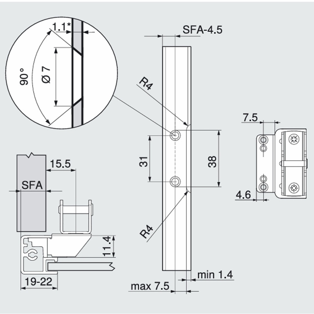 BLUM AVENTOS HK-XS upevnenie čela na úzke hliníkové rámy, skrutky /20K4101A/