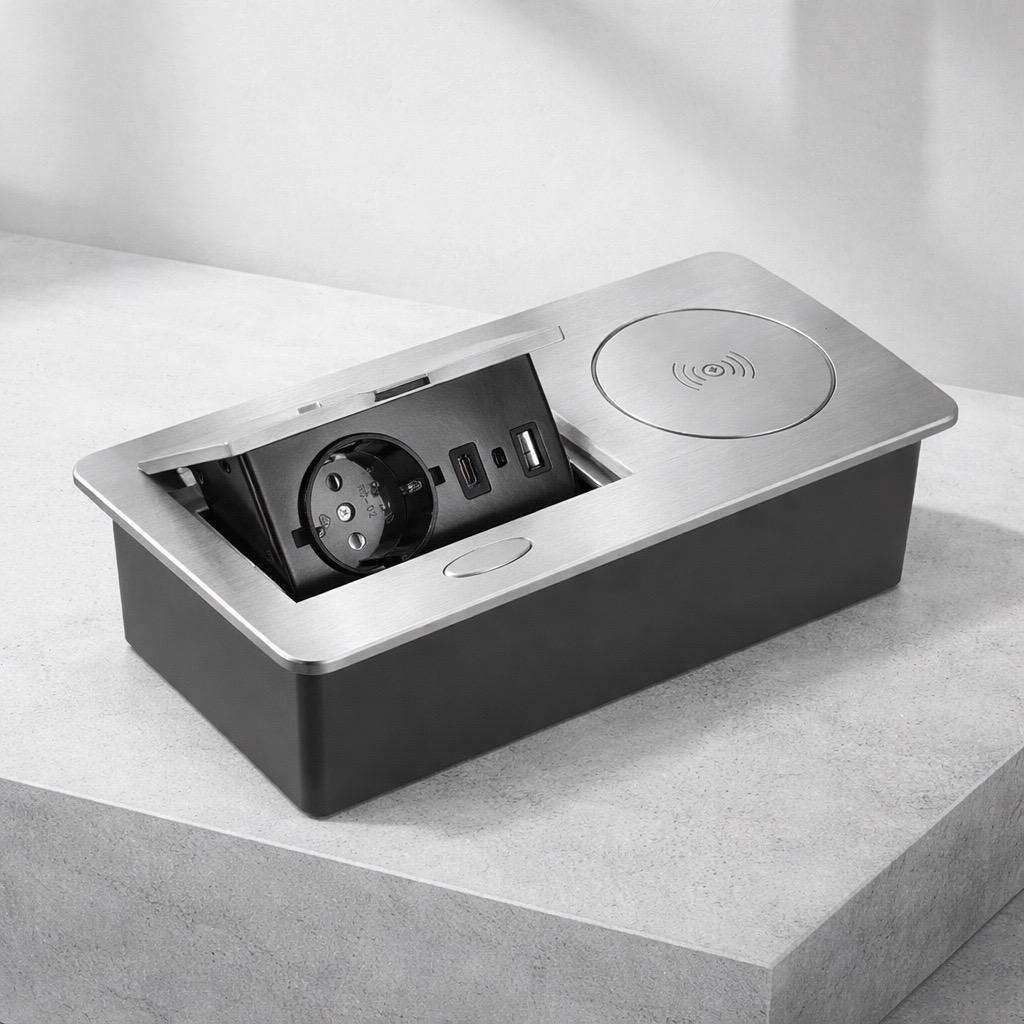 Elektrická vyklopná zásuvka s USB A+C + nabíjanie - Hranatá Striebro 2x230V POWER FLIP 1/USB/WC SILVER + 1,5m kabel