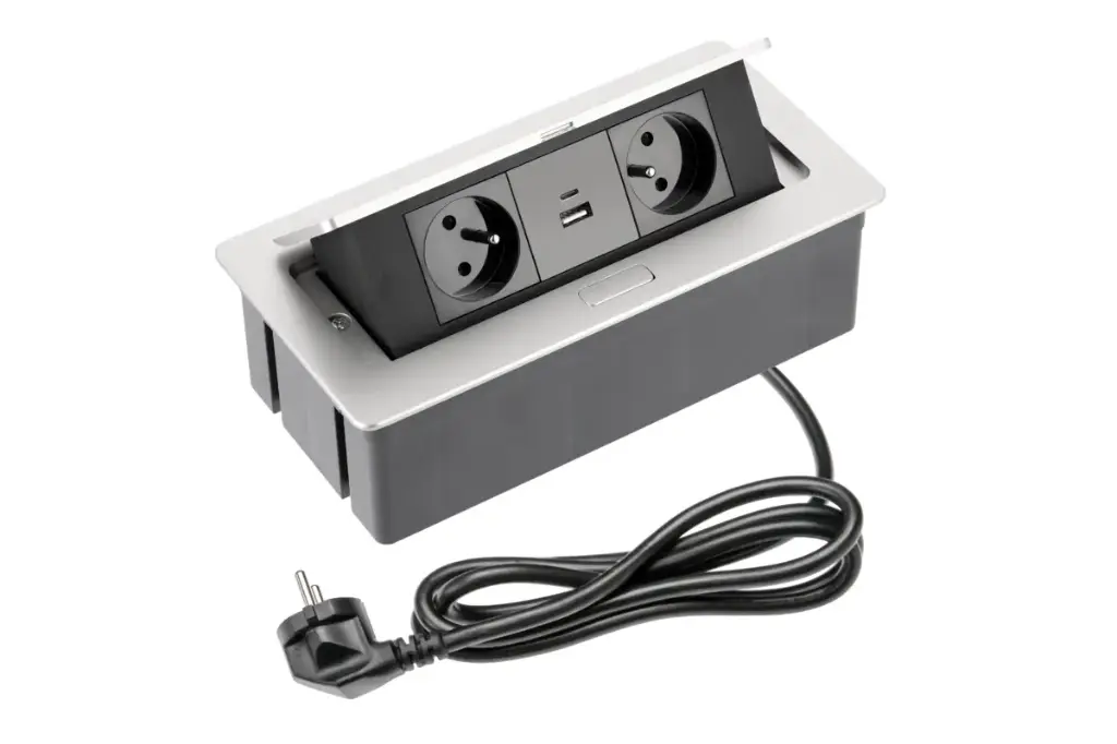 Elektrická vyklopná trojzásuvka s USB A + C - Hranatá Striebro 2x230V -  POWER FLIP 2/USB A+C SILVER