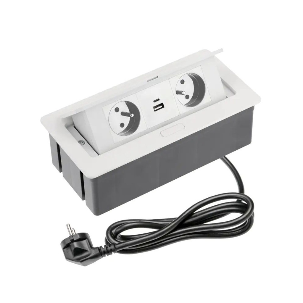 Elektrická vyklopná trojzásuvka s USB A + C - Hranatá BIELA 2x230V -  POWER FLIP 2/USB A+C WHITE