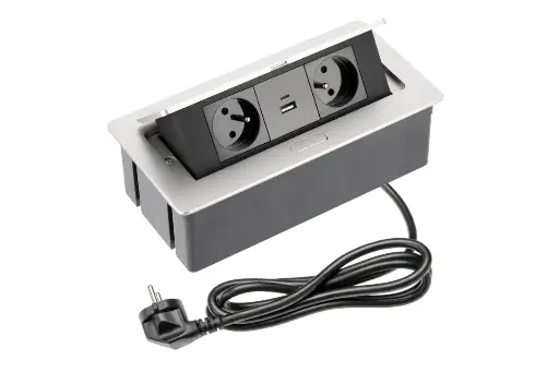 [FLIP2S082026010] Elektrická vyklopná trojzásuvka s USB A + C - Hranatá Striebro 2x230V -  POWER FLIP 2/USB A+C SILVER