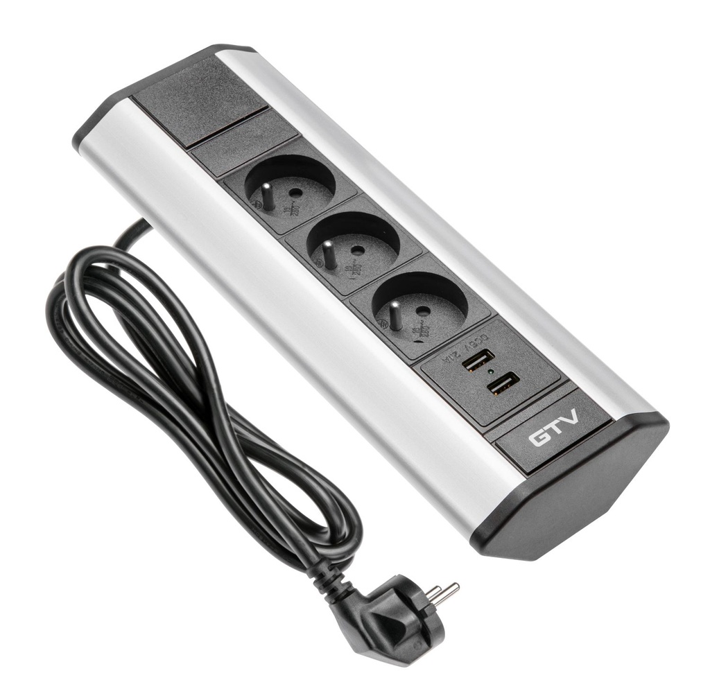 [0814776] Elektrická trojzásuvka rohová 3x220V + 2 x USB strieborná