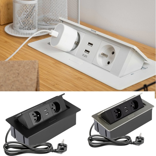 Elektrická vyklopná trojzásuvka s USB -  Hranatá  3x230V+kábel 1,5m