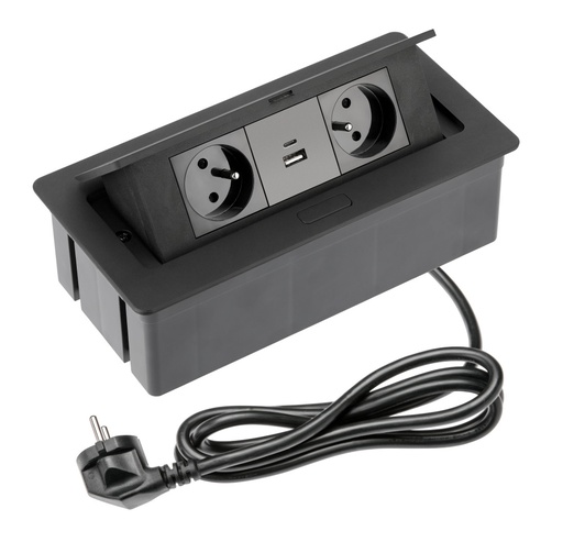 [0837271] Elektrická vyklopná trojzásuvka s USBA a USBC - Hranatá čierna 2x230V